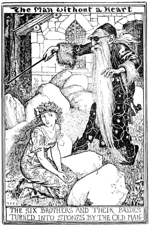 black and white illustration of a wizard in dark glasses waving his wand at a young woman kneeling in the grass before a long line of large stones. The wizard has a long white beard and hair and wears dark glasses, a small dark cap, dark robes with suns and interlinked circles on it, large shaggy fur cuffs, black longed slippers, and a belt with a ring of very large keys dangling from it. The young woman has very long flowing hair and wears a flower crown of roses and a puffy-sleeved lacey rose-print dress. A stone cottage and a bit of forest is visible in the background.