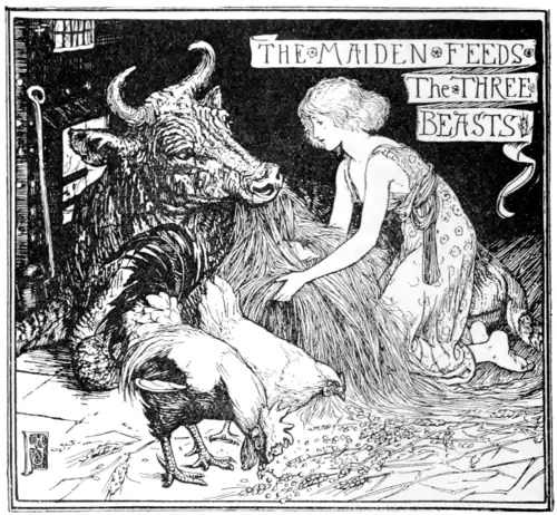 black and white illustration of a young woman presenting hay to a lounging brindled cow in front of an old wood-burning stove on a tiled ground, while a hen and a cock (rooster) peck up barley off the tiles