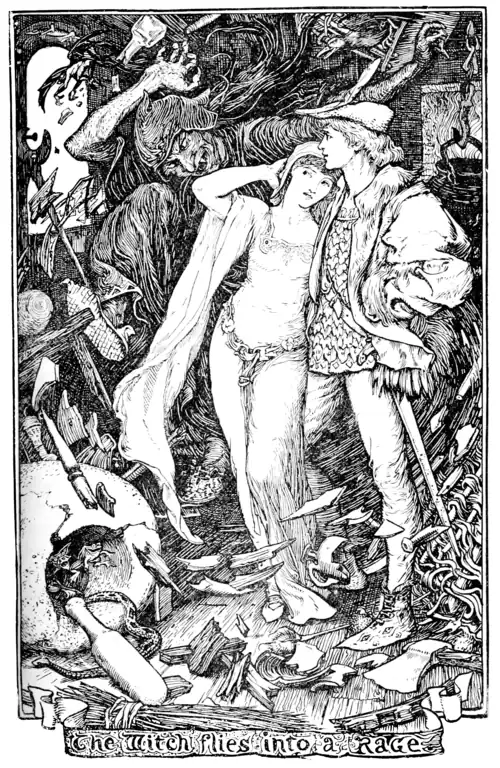 black and white illustration of a man and a woman watching a witch destroy the furniture in rage.