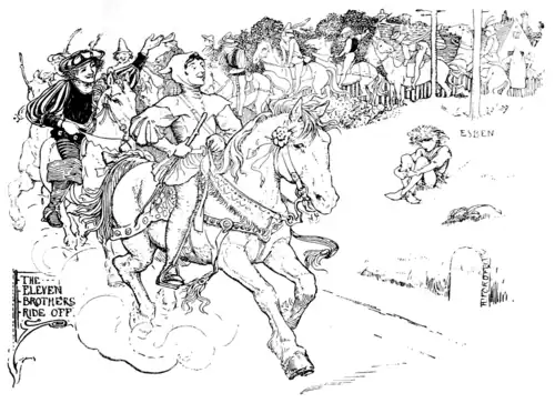black and white illustration of a line of eleven men in finery on horseback looking proud. Sitting on the grass nearby a small young man sits alone.