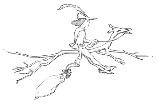 black and white illustration of a small young man flying riding a long white stick that vaguely resembles a horse. He dangles a large sack loosely in one hand and holds the “horse’s” “reins” in the other. The young man wears a small hat with a pointed brim folded at the sides with a very large feather in it, a puffy-sleeved shirt with a sleeveless tunic over it, leggings, and pointed shoes. The stick has a lumpy “head” with impressions or holes for eyes and nostrils, four slender branches for limbs—branching further at the ends, and two small ones for ears. There is no background.