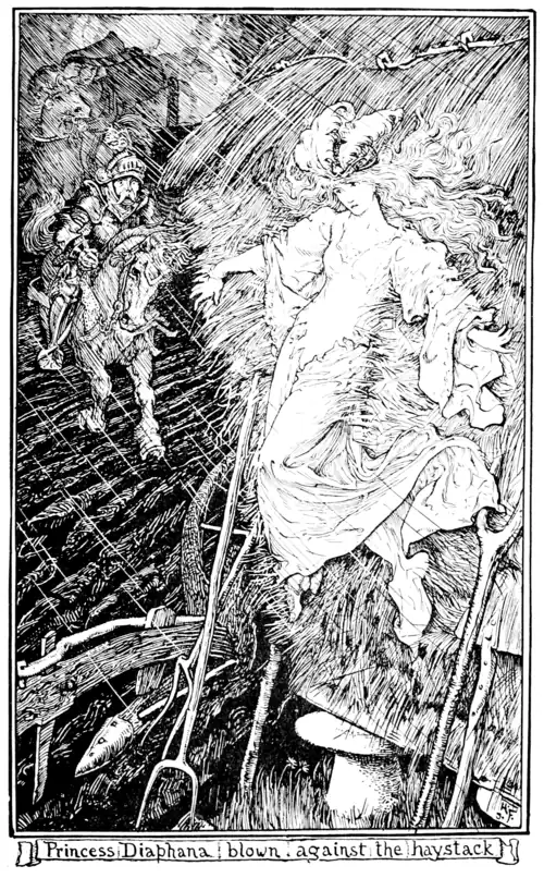 a knight rises up to where a young woman in finery has been blown against a haystack. It is raining heavily.