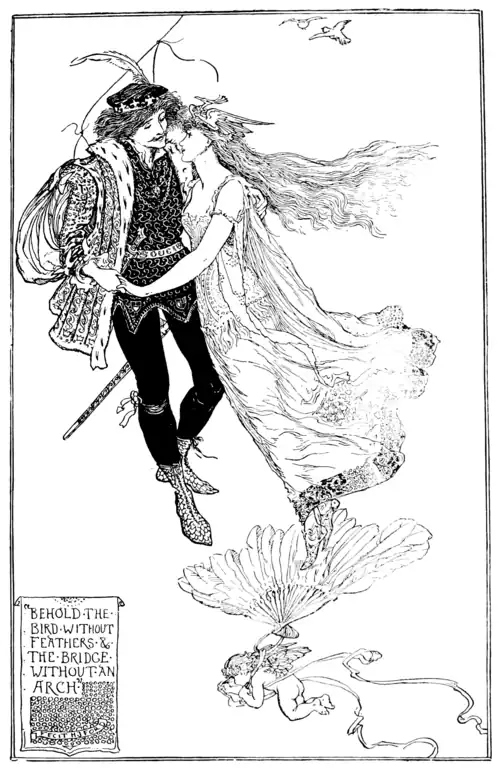 black ans white full page illustration of a young man and a young woman embracing in the air. The young woman is standing on a large feathered fan and the young man has a string leading from him up into the sky. The young woman wears a bird-shaped tiara and has long light-colored hair which she wears loose and a light flowy dress which both of which blowmin the wind. She is on tiptoes on the fan to bring her closer to the young man and wears ornate pointed slippers. The young man wears a crown or hat with a feather in it and has a mustache ans puffy shoulder length hair. His clothing is ornate with large puffed sleeves and an ermine collar, a belt with a sheathed sword and dagger on it, and pointed boots. Their is nothing in the background except a couple far away birds.