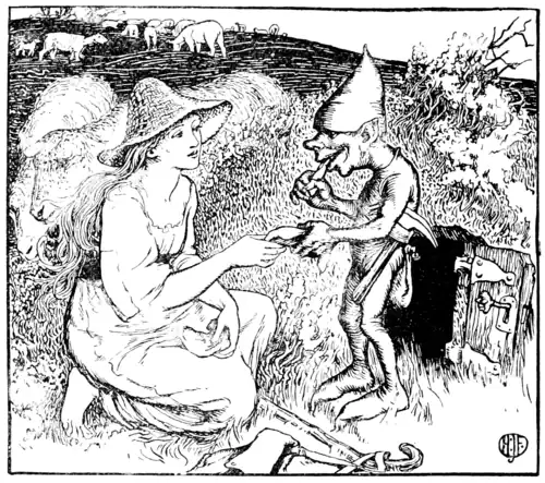 black and white illustration of a young woman kneeling beside a small gnome-like being to hand him a piece of flatbread next to his mound while sheep mill about in the background. The young woman has long light-colored hair loose under a straw hat. She wears a simple dress with a ragged neckline and loose sleeves and holds another piece in her other hand resting in her lap. Next to her knees is a shepherds staff with the strap of a bag tangled around it. The little man has is eating one of the breads. He has pointed ears and no obvious clothing except his pointy cap and a belt under his arms with a pick in it, but has wrinkles like he’s wearing a bodysuit with a pointed toes. The mound is covered in grass and heather and has a small door leading into it.