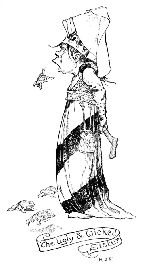black and white illustration of a young woman in a fancy dress drawn in a caricatured “ugly” style with a large mouth and nose with a toad falling from her mouth. Her dress has a high waistline with a large ornate belt and small puffed sleeves over a longer narrow sleeve. She wears an elaborately starched henin and has a small embroidered purse attached to her belt. There are several toads on the ground around her and she holds a cudgel-like stick.
