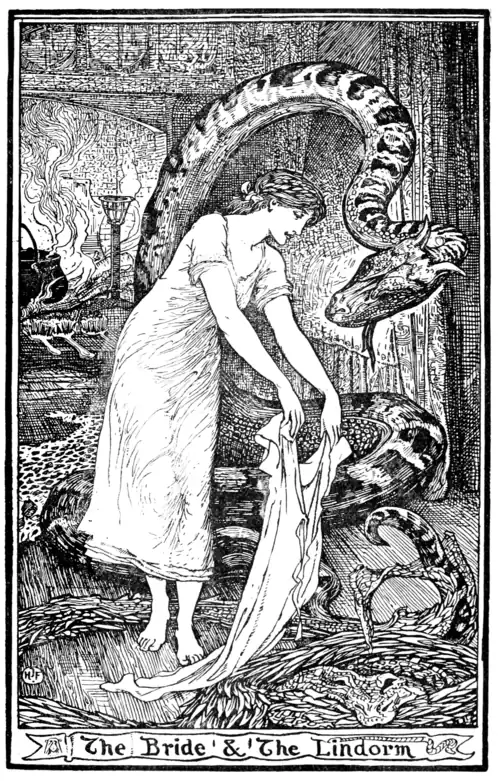 black and white full page illustration of a young woman wearing many layers of chemises (underdresses) laying a chemise that she has just taken off on a large shed snake skin while an enormous snake cranes it’s head down to look at her. The snake has an somewhat dragon-like head with a distinct snout and two small horns on the back of its head. In the background is a fireplace with a cauldron over it with large scrubbing brushes in front of it. Their is a leopard-skin rug in the ground. Apart from the fire the room is dim.
