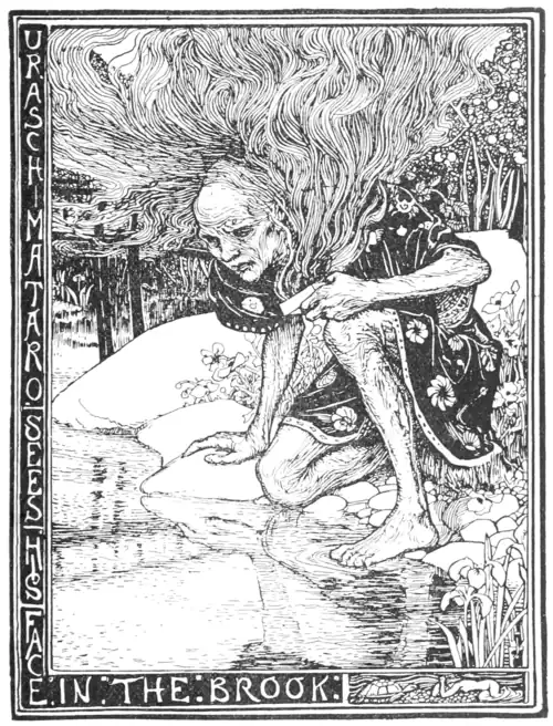 black and white illustration of the now-old man looking with horror at his reflection in the brook as vapour swirls out of the box in his hand