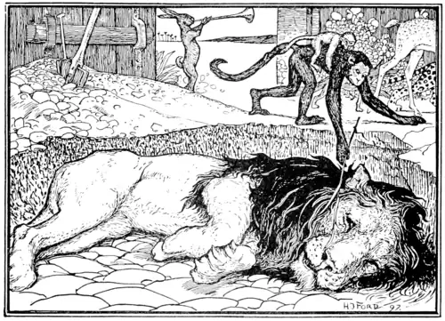 black and white illustration of a lion lying on its side in a ditch while a monkey with a baby monkey clinging to it’s back tickles the lions nose with a long blade of grass. In the background a hare stands on its hind limbs and blows a long trumpet in the middle of the gateway of a gated wall with the large sturdy wooden gate visible open behind it. There is a shovel stuck in a pile of dirt as though the ditch was recently dug and a few animals milling around (a spotted cat, possibility a leopard and some kind of deer or antelope)