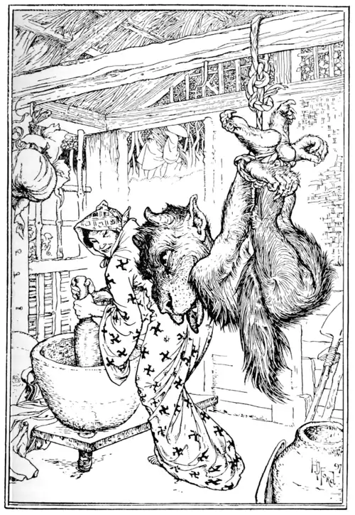 black and white illustration of the Tanuki (which is depicted as a fuzzy imp with a chimp-like body, a long bushy tail, fangs and claws, small horns, a somewhat camel-like head, and lolling tongue) hangs from the ceiling by his hands and feet. Behind him is an old woman using a very large mortar and pestle