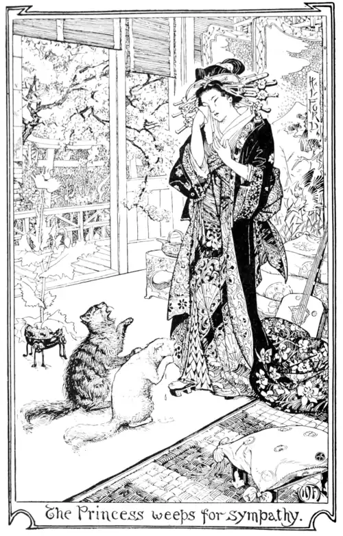 black and white full page illustration of a young woman in an ornate traditional Japanese outfit who is wiping her eye with a cloth as she cries. There are two cats at her feet one tabby and one white, the tabby has its mouth open and is gesturing like it’s telling her the story, the white holds a paw in front of it’s eyes as it cries. The room has a view to a garden through a window in the back