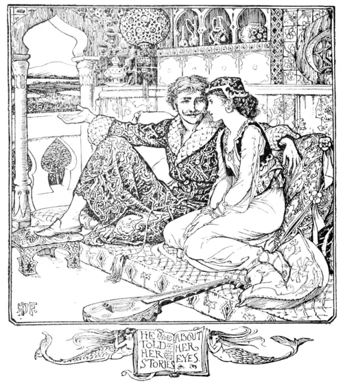 black and white illustration of a man with his arm around a young woman on a sofa. The sofa has it’s cushions directly on the ground with no legs and is piled with pillows. The man has a mustache and is wearing a dressing-gown. The woman is wearing a “Turkish” outfit with a some kind of ornate hat, a vest, loose trousers, gauzy sleeves, and pointed slippers. There is an archway to a balcony visible in the background and a stringed instrument a the woman’s feet