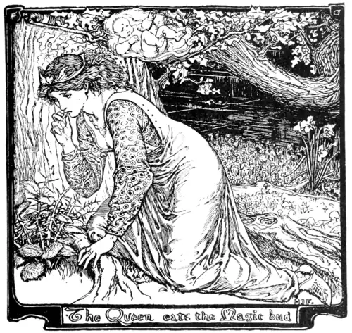 black and white illustration of a woman kneeling down by a thorny plant with two buds and a budless stem between them, holding the bud she’s just picked up to her mouth. She wears a long kirtle with a decorative shirt under it and has a slim crown which has a heart in the front and wings coming off the heart in her long wavy hair. Above her (possibly in her thoughts) is a baby in the branches of a tree.