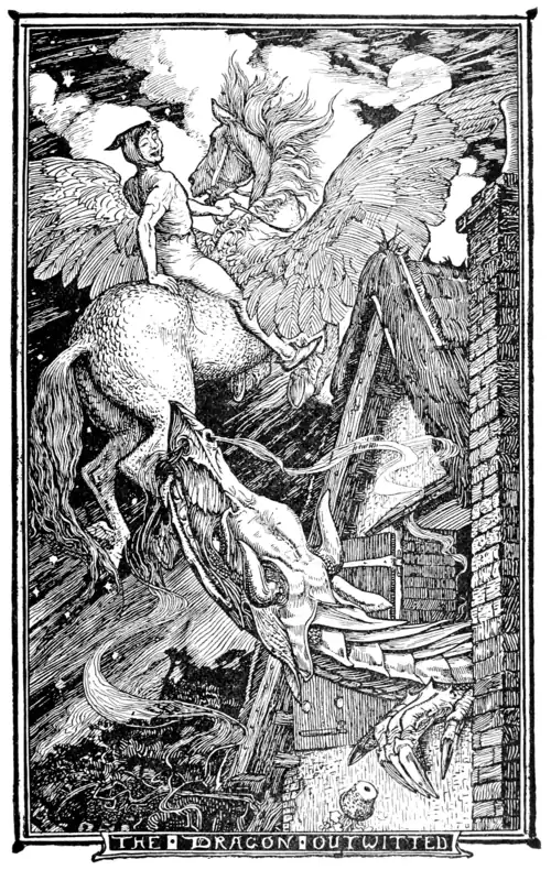 black and white full page illustration of a man riding a horse with wings over a house while a dragon cranes it’s neck through the window to look up at them. The horse has wings on its ankles as well as it’s back and the man wears a silly hat