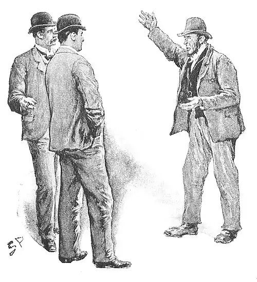 Illustration of a man in working class clothes gesturing broadly at two gentlemen