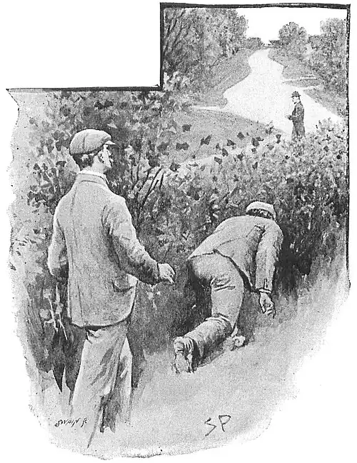 Illustration of two men hiding behind bushes from the view of a distant man on a country road