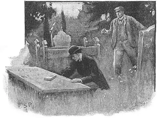 Illustration of a man reaching into a crypt in a cemetery while another man sneaks up on him