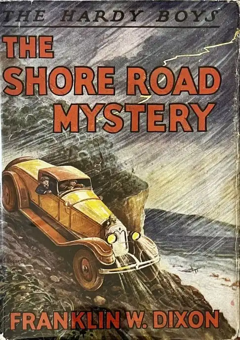 Book cover depicting a car driving down a steep coastal dirt road in a storm