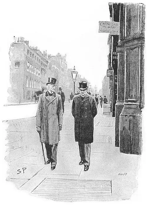 Illustration of Stanway and Hewitt walking down a street, Hewitt looking pensive