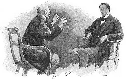 Illustration of Claridge in an imploring posture seated across from a confident-looking Hewitt