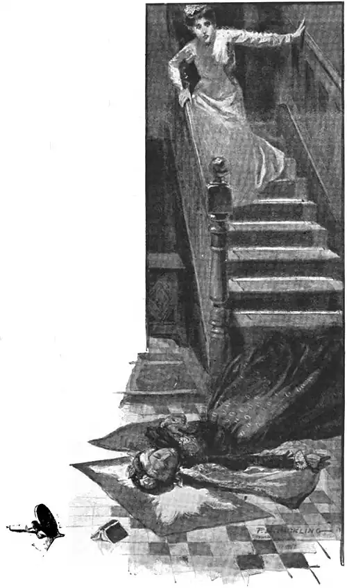 Illustration of a female servant reacting to a woman lying at the foot of a staircase with a book and candle scattered nearby