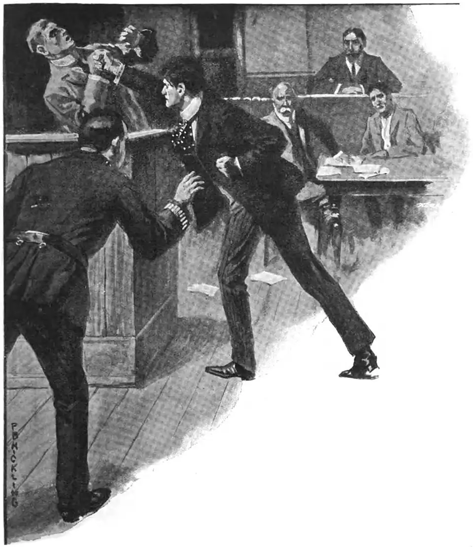 Illustration of a man punching a man in a witness box while a constable lunges forward