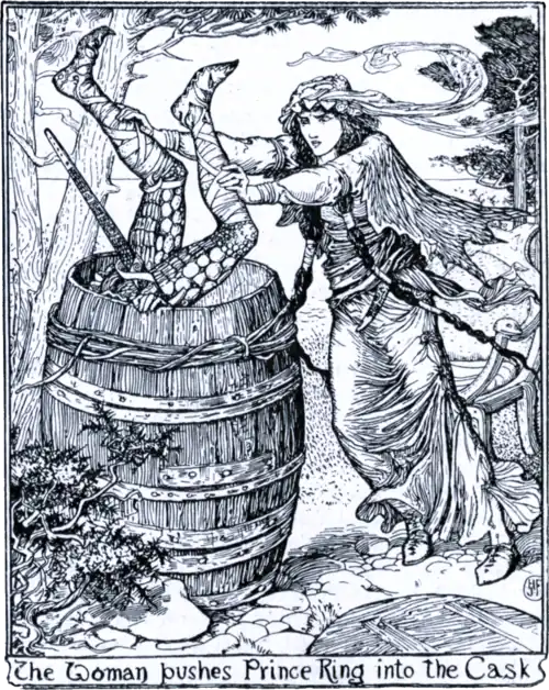 The Woman pushes Prince Ring into the Cask