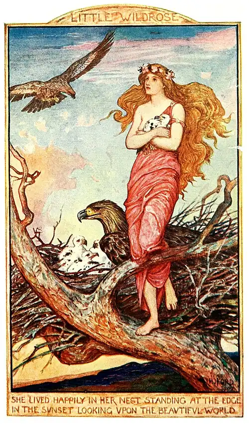 SHE LIVED HAPPILY IN HER NEST STANDING AT THE EDGE IN THE SVNSET LOOKING VPON THE BEAVTIFVL WORLD.