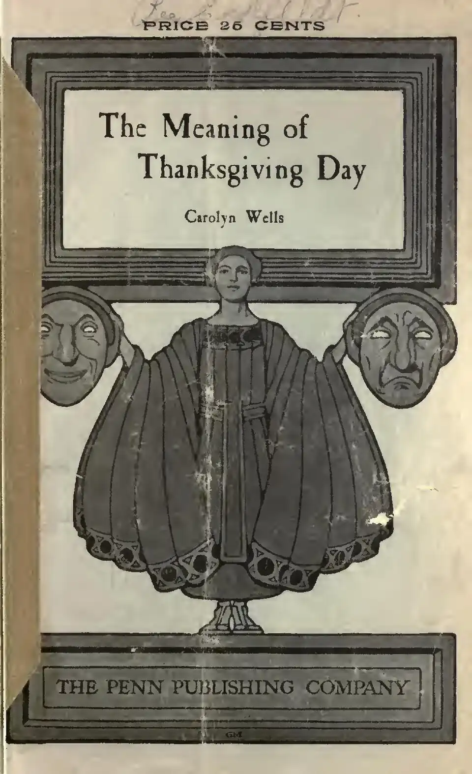 A line drawing of a statue holding theater drama masks and an elaborate frame for the name of the play and author