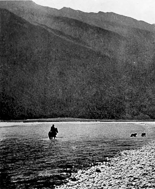 A horse with rider trailing two dogs crossing a river; on the far side of river are steep hills that come down to the rivers edge (with only a small flat area between the hills and the river)