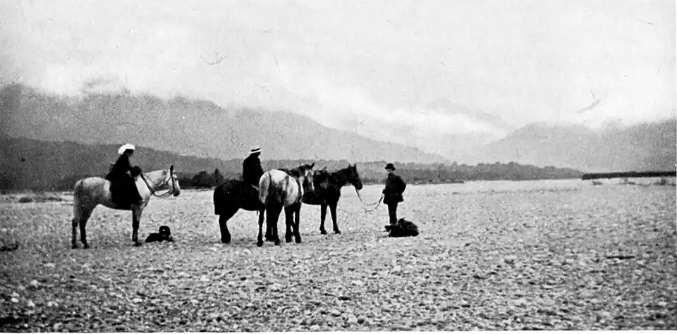 A group of riders and their horses resting, with one person dismounted on the stony Karangarua plain and hills in the distance