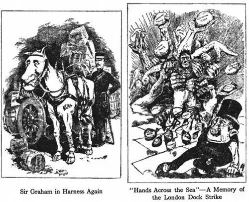 image on left reads:Sir Graham in Harness Again. image on right reads:'Hands Across the Sea"—A Memory of the London Dock Strike