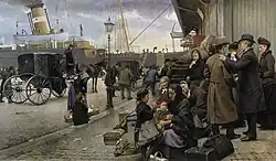Paintin by Edvard Petersen of emigrants leaving from the Port of Copenhagen for America.