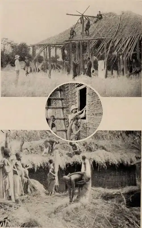 Three photos: the top is a group of men building a house, with several on the thatched roof, the middle is a man inspecting a window, the third is a group putting hay on top of the structure