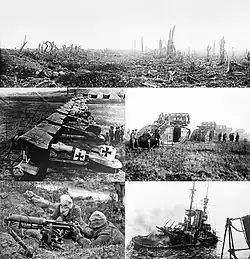 A montage of black and white photography from World War I. Clockwise from top: Trenches on the Western Front; a British Mark V Tank crossing a trench; Royal Navy battleship HMS Irresistible sinking after striking a mine at the Battle of the Dardanelles; a Vickers machine gun crew with gas masks; and German Albatros D.III biplanes