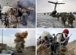 A montage of photographs related to the Global War on Terror. Clockwise from top-left: Aftermath of the September 11 attacks; US 10th Mountain Division soldiers in Afghanistan embarking onto a Chinook helicopter; US soldiers in Zabul province; A car bomb exploding in Iraq