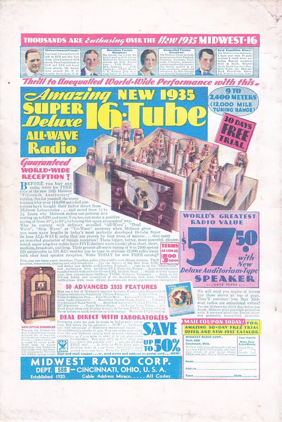 Advertisement for an "Amazing New 1935 Super Deluxe 16-Tube All-Wave Radio"