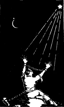 A chained man in bathed in rays from a star, while under a crescent moon.