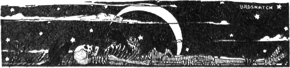 Drawing of a recumbent skeleton and a pair of ravens beneath a crescent moon.