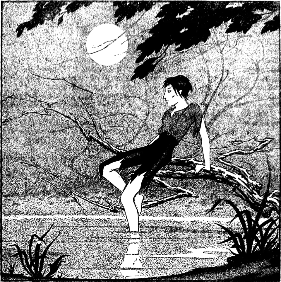 A boy in torn clothes, sitting on a branch, dangles one foot in a lake; all under a full moon.