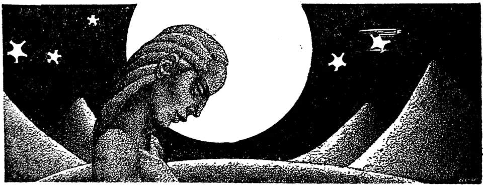 Woman framed by the moon against a starry sky and peaks on the ground.