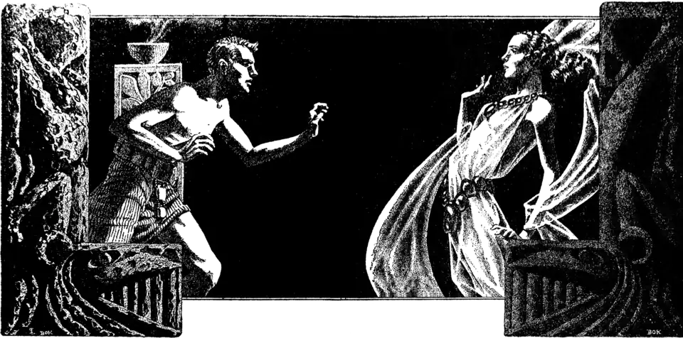 A man in a loin-cloth standing on the left leans in towards a woman in a flowing dress standing on the right, framed by stone carvings on either side, against a black background