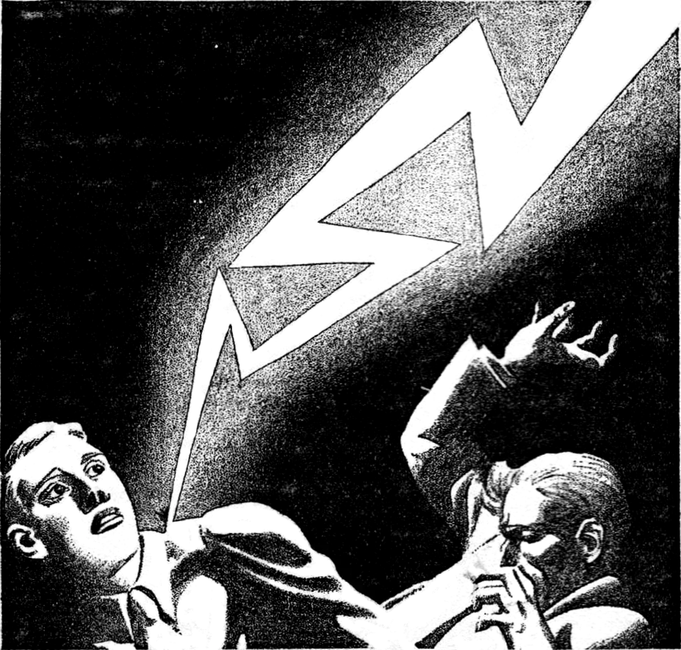 Black and white illustration of a man being hit by a stylised bolt of lightning.