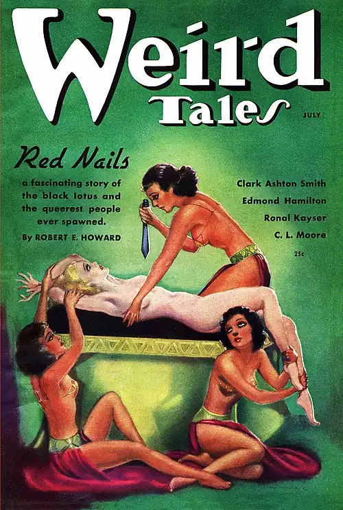 Cover of Weird Tales for July 1936 - A naked Valeria is held down by two women while a third stands over her with a raised knife.