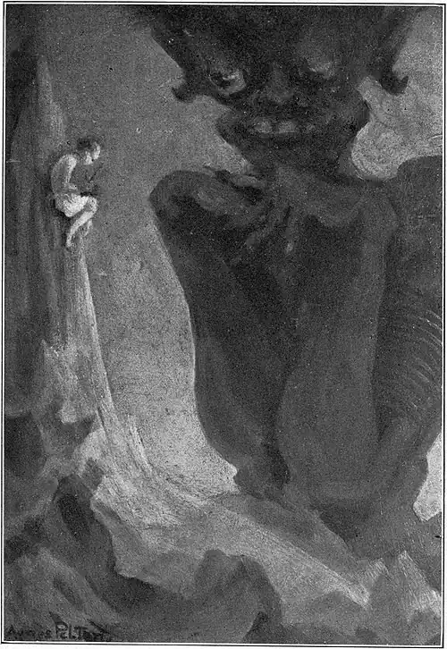 Young girl confronted by huge dark demon