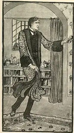 Character sketch of William Gillette as Sherlock Holmes, standing and wearing a dressing gown.