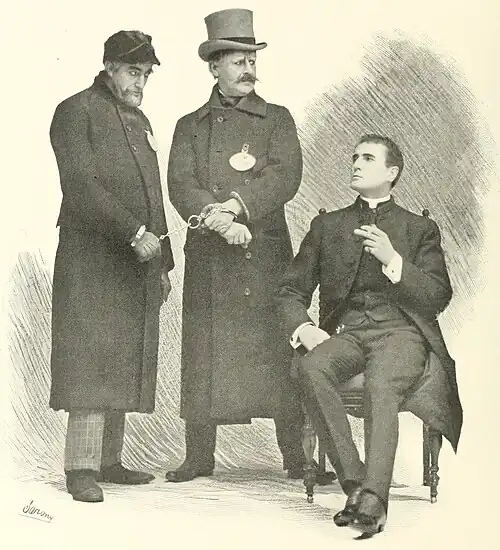 [Name] as [Character] handcuffs [Name] as Professor Moriarty; both stand before William Gillette as Sherlock Holmes, seated; photographed by Sarony.