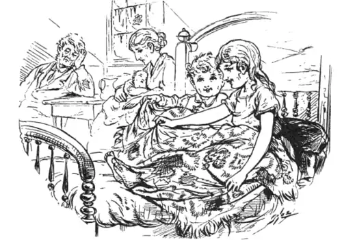 Two children seated in bed with two adults seated at a table behind them