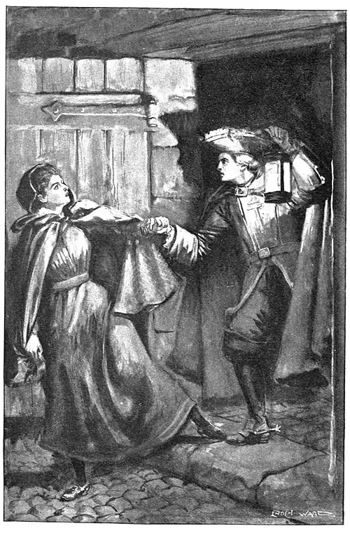 Man with lantern seizing woman in cloak