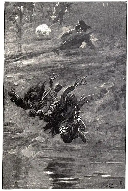 Native woman leaping into water, man with fire-arm in distance