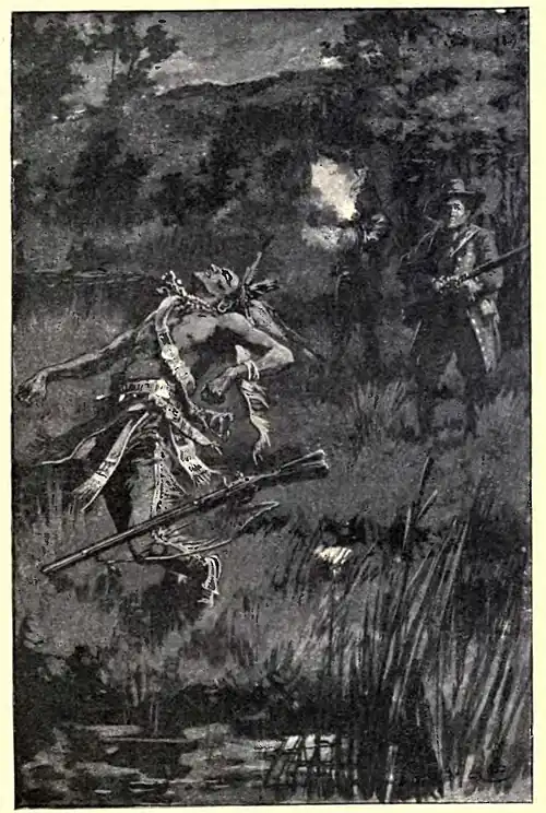 A native American collapses after being shot, apparently in the back